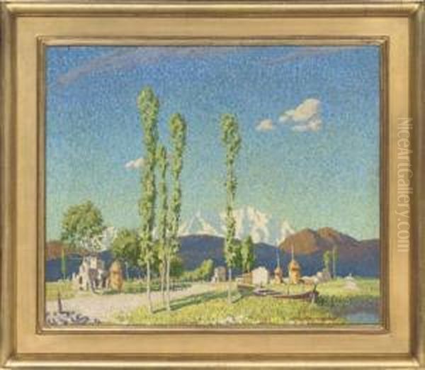 A Summer Landscape With Snow Capped Mountains In The Distance Oil Painting by Reginald St. Clair Marston