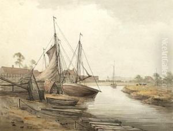 At Faversham Harbour Oil Painting by John Marten Of Canterbury