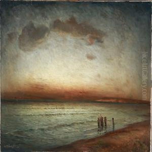 View From A Coast Over The Ocean At Sunset Oil Painting by Alfred Martens