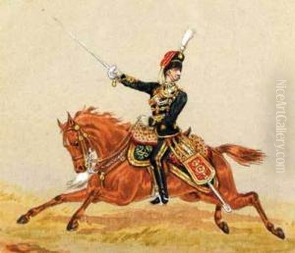 A Pair Of Equestrian Portraits Of Hussars Oil Painting by Henry Martens