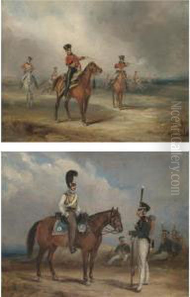 A Cavalry Skirmish; And A Cavalry Officer With An Infantry Officer Oil Painting by Henry Martens