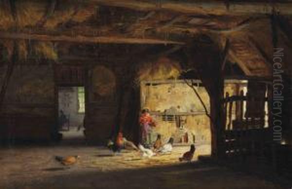 A Barn Interior With A Little Girl Feeding The Chickens Oil Painting by Willy Martens