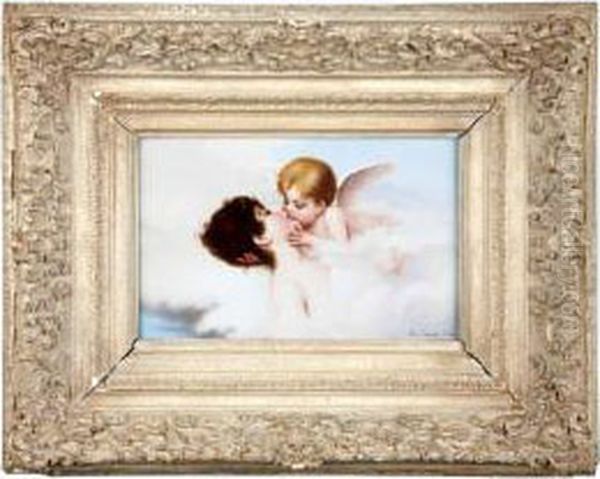 A Woman Slumbering Amongst Theclouds As She Is Kissed By A Hovering Cupid Oil Painting by Willy Martens