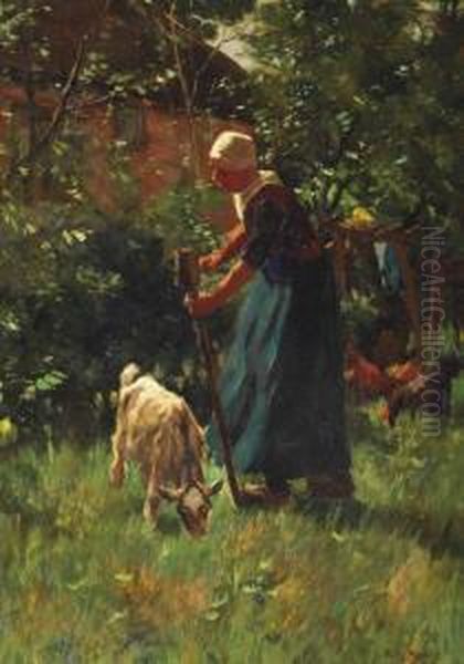 A Farmer's Wife Tending The Livestock Oil Painting by Willy Martens