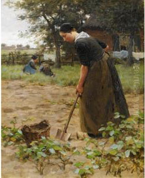 At Work In The Garden Oil Painting by Willy Martens