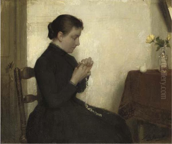 In Haar Zolderkamertje: A Young Girl Knitting by Willy Martens