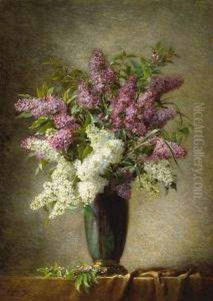 A Still Life Of Lilacs In A Vase On Atable Oil Painting by Hupe Martial