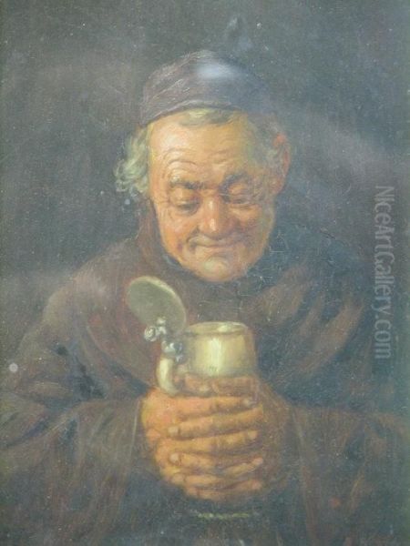 Smiling Monk With Flagon Of Ale And A Monk Eating Oyster Oil Painting by A. Martin