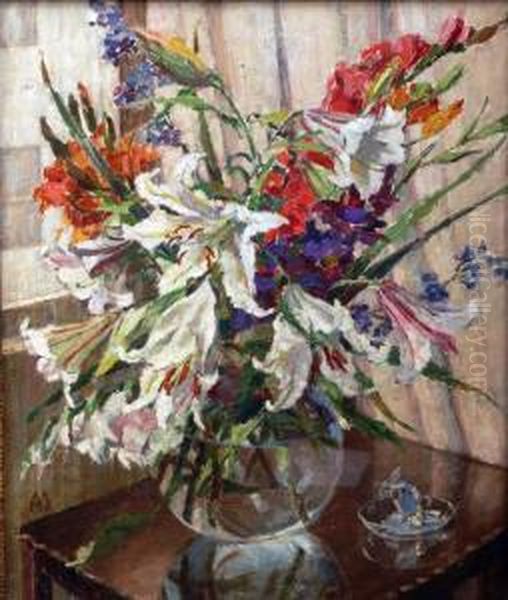 Still Life Of Flowers In A Glass Vase With Lilies Oil Painting by Adele Martin