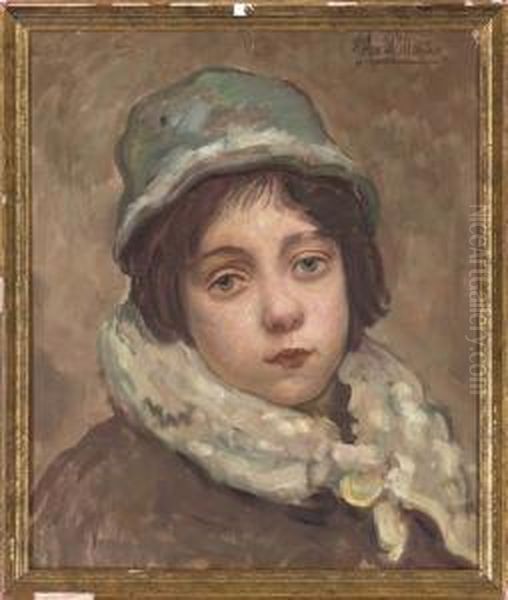 Portrait Of A Young Girl, Bust-length, In A Brown Jacket With Fur Collar And A Blue Hat Oil Painting by Alex. Louis Martin