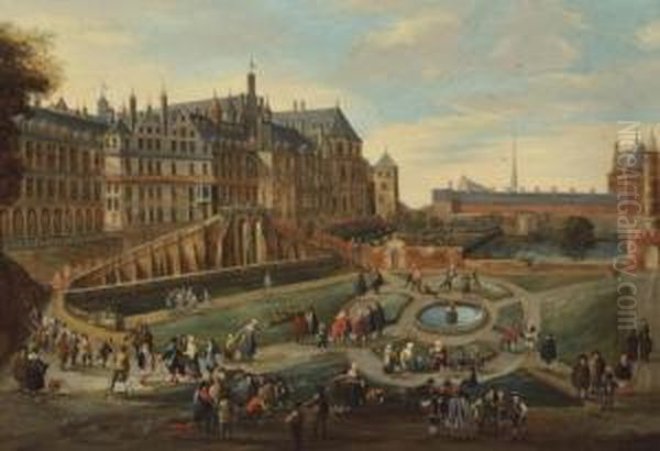 A View Of The Royal Court At Brussels With Figures Conversing In The Palace Garden Oil Painting by Martin Andreas Reisner