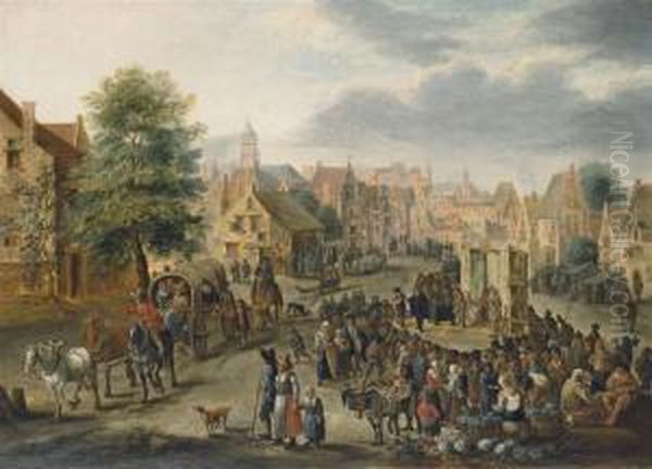 A Village Market With A Wagon, Women With Baskets Of Vegetables And A Crowd Gathered Around A Commedia Dell'arte Stage, With The Coat-of-arms Of The Holy Roman Empire Oil Painting by Martin Andreas Reisner