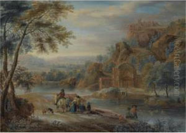 A Mountainous River Landscape With Figures Conversing On A Path, Near A Classical Building Oil Painting by Martin Andreas Reisner