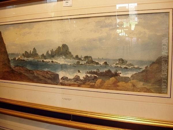 Coastal Scenes, Corbiere Rocks And Corbiere Cottages Oil Painting by C H Martin