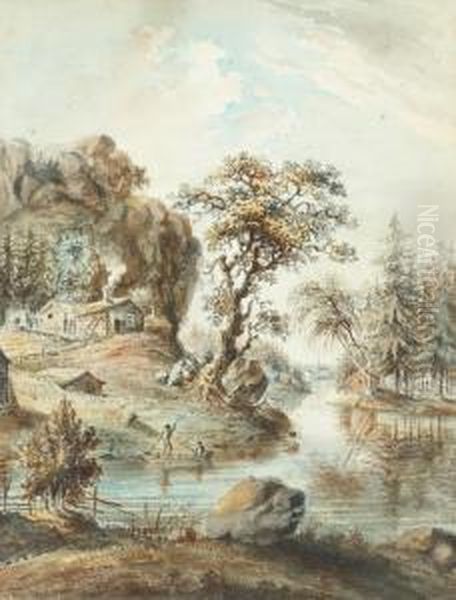 Landscape With Figures By The Lake Oil Painting by Elias Martin