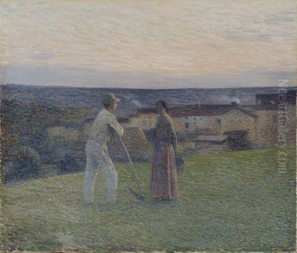 Faucheur Et Paysanne Au Soir Pres Du Hameau Oil Painting by Henri Martin