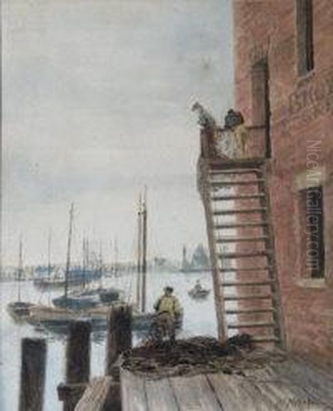 Mending Nets By A River Oil Painting by Henry Martin