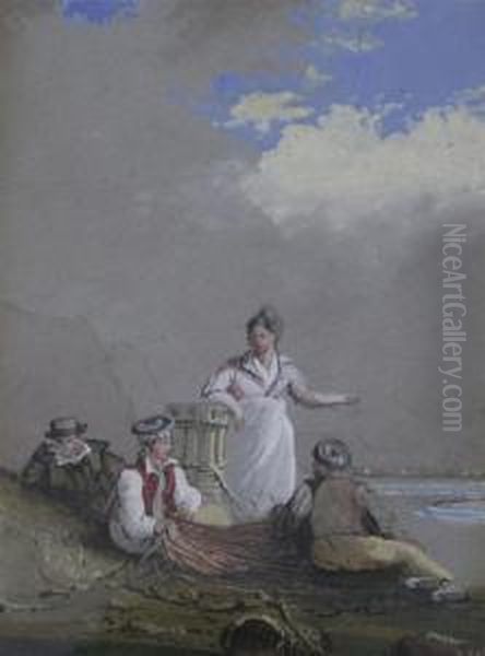 Scottish And French Fishermen On The Shore Oil Painting by Henry Martin