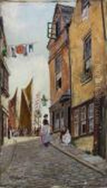 Street Scene In Fishing Port Oil Painting by Henry Martin