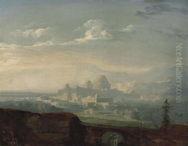 An Extensive Mountainous Landscape With A Classical City Oil Painting by John Martin