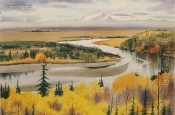 R. Ahearn Winding River, Autumn Oil Painting by Ramon Martin Rubio