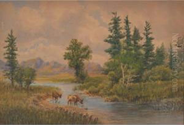 Cattle In A Stream Oil Painting by Thomas Mower Martin