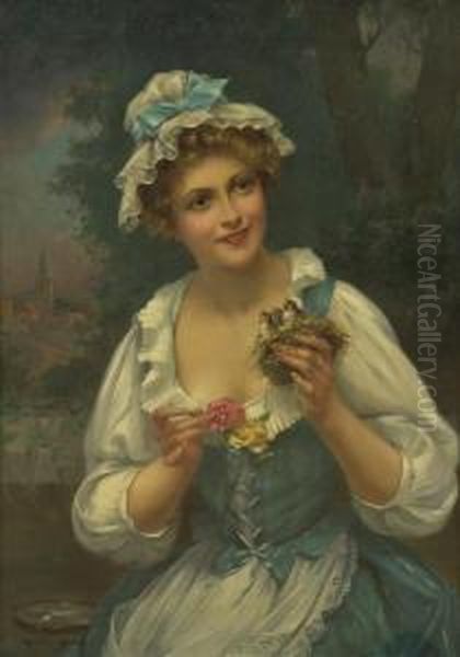 Portrait Of A Lady With Flowers And Birds Oil Painting by Francois Martin-Kavel