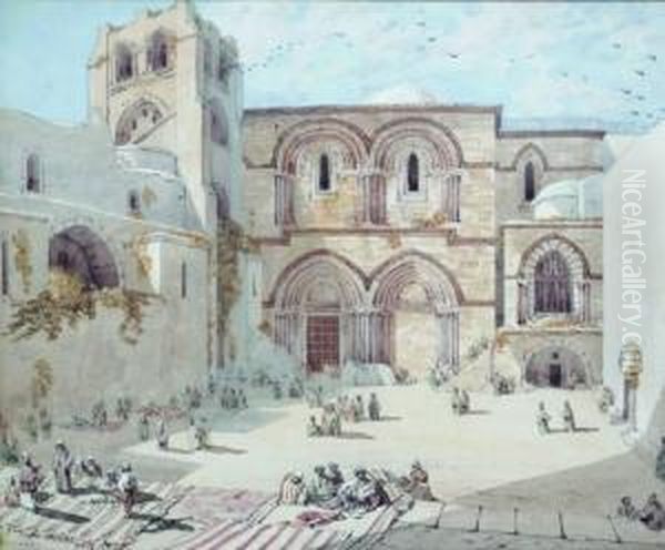 Gezicht Op Het Plein Voor De Heilige Graf Kerk Te Jeruzalem; 
 Op De Voorgrond Arabische Tapijtverkopers Oil Painting by Pablo Martinado