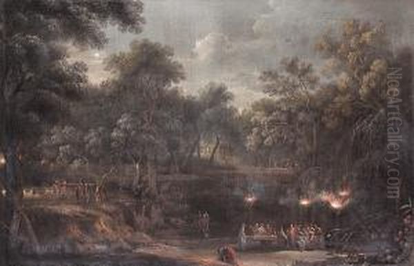 A Nocturnal Arcadian Landscape With Figures Feasting By Torchlight Oil Painting by Vincenzo Martinelli