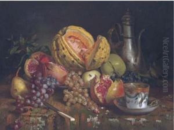 A Melon, Pomengranate, Grapes And Apples With A Ewer And A Teacupon A Table Oil Painting by Angelo Martinetti