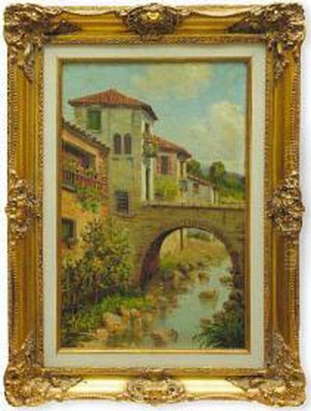 Caserio Con Puente Y Arroyo Oil Painting by Fernando Martinez Checa