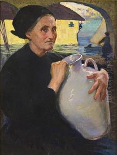 Veduta Con Anziana Signora Che Attinge Acqua Oil Painting by Enrique Martinez Cubells y Ruiz