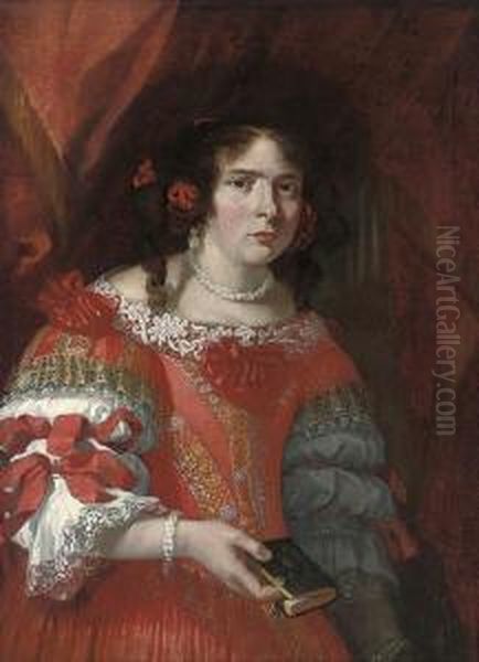 Portrait Of A Lady, Three-quarter-length, In A Red And Goldembroidered Dress With Red Bows And Lace Trimmings, Red Bows In Herhair, A Bible In Her Right Hand Oil Painting by Juan Bautista Martinez del Mazo