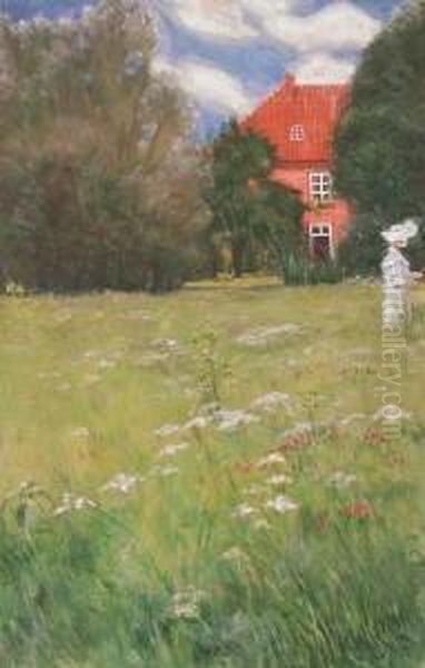 Sommerwiese Mit Junger Frau Und Haus Oil Painting by Johannes Martini