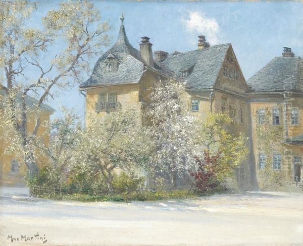 Garten Im Fruhling Mitdahinterliegender Villa In Typischer Schieferbedachung. Aufgehelltepalette Mit Impressionistischen Anklangen Oil Painting by Max Martini