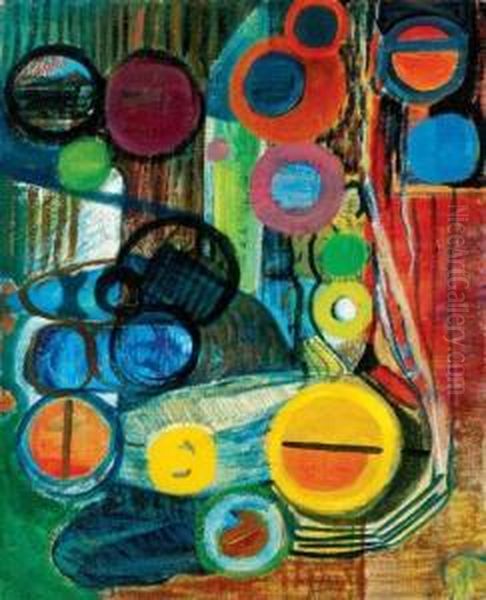 European School-style Abstracted Composition, 1946-47 Oil Painting by Janos Martinszky