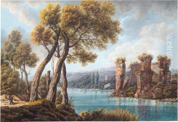 View Of The Lake Of Averno And The Temple Of Proserpina Near Naples Oil Painting by Pietro Martorana