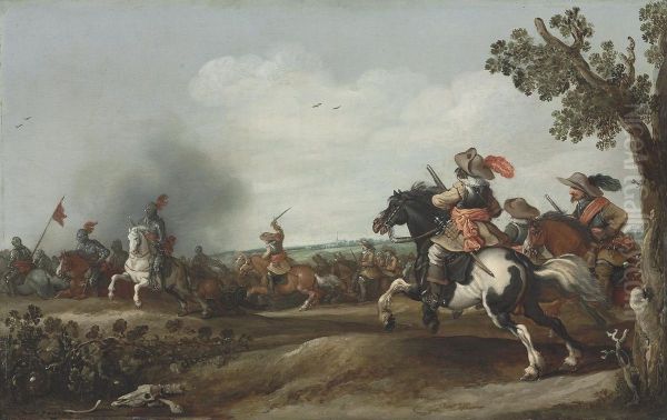 A Cavalry Skirmish Oil Painting by Jan the Younger Martszen