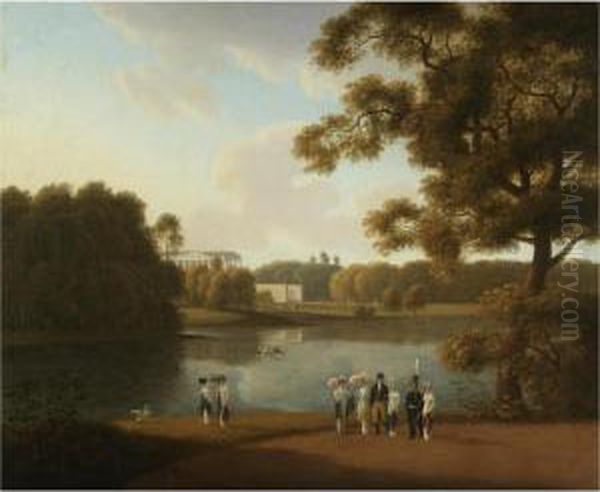 View Over The Great Lake And The Cameron Gallery, Tsarskoe Selo Oil Painting by Andrei Efimovich Martynov