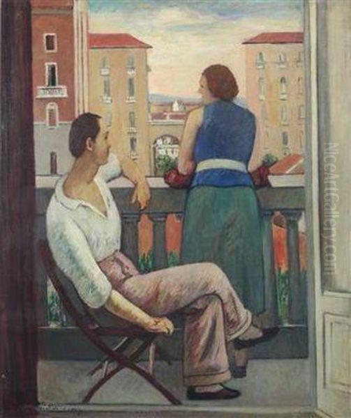 Figure Al Balcone Oil Painting by Piero Marussig