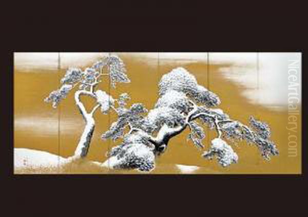 Snow, Pine Tree Folding Screen Oil Painting by Okyo Maruyama