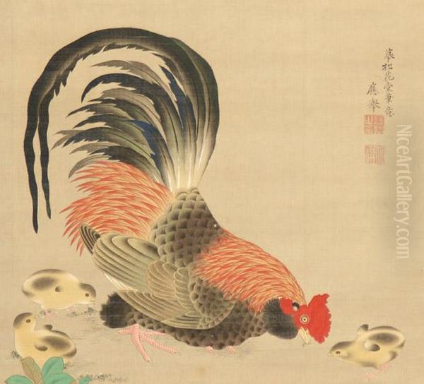 Rooster, Hen With Chicks Oil Painting by Okyo Maruyama