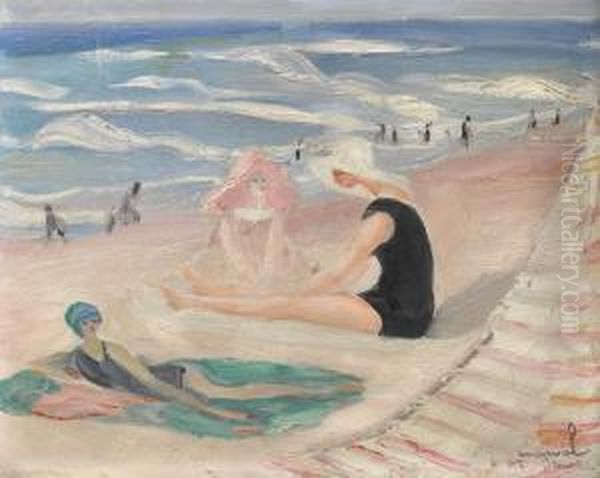 Baigneuses Sur La Plage A Biarritz Oil Painting by Jacqueline Marval