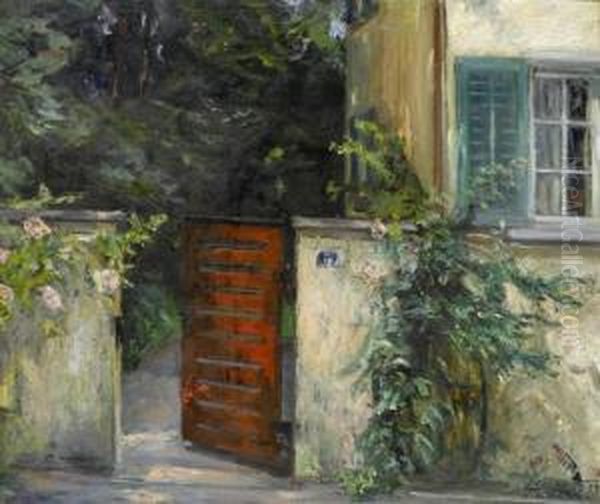 Village Street With Red Gate Oil Painting by Alfred Marxer