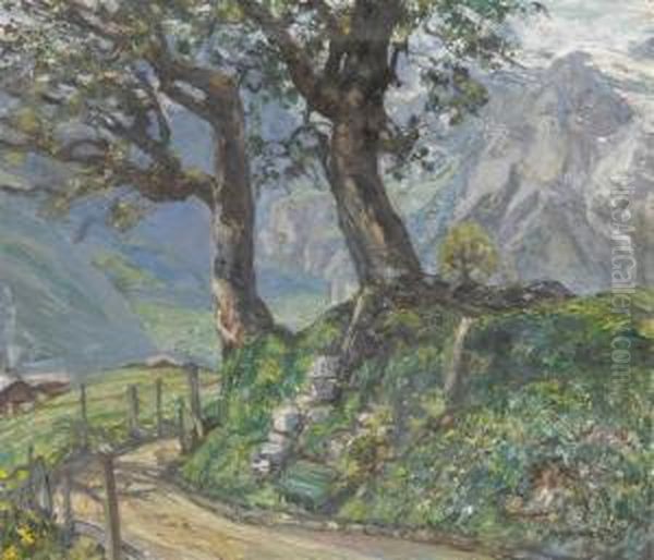 Landscape With Two Large Trees Oil Painting by Alfred Marxer