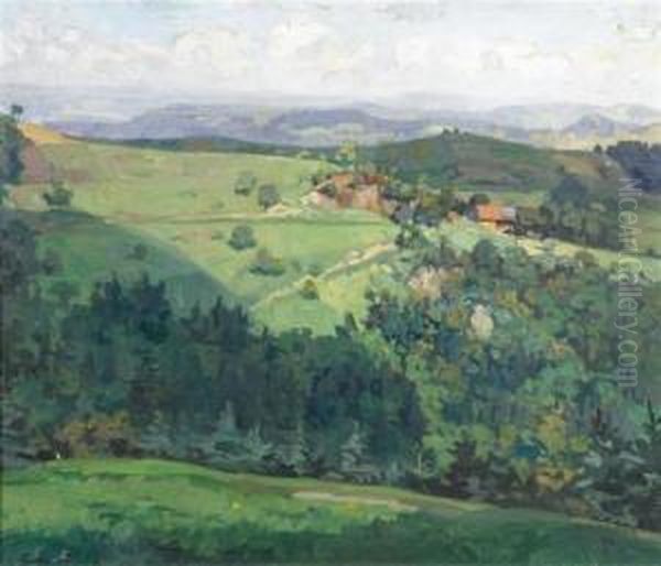 A Hilly Landscape Oil Painting by Alfred Marxer