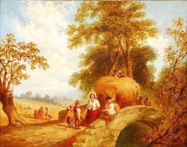 Figures Anda Harvest Cart Crossing A Bridge Oil Painting by Helen Mary Johnson