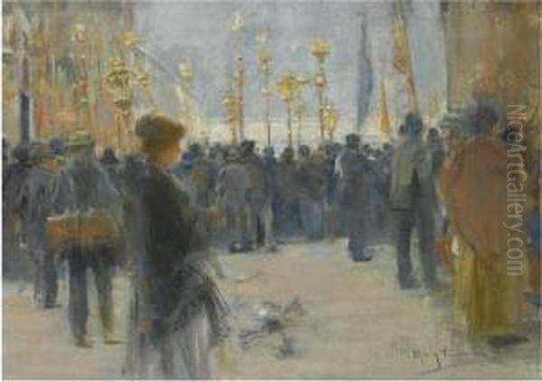 Farolillos En Paris (lantern Parade In Paris) Oil Painting by Arcadio Mas Y Fondevila