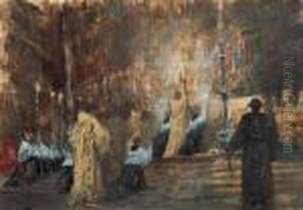 Messa Solenne In Una Chiesa Romana Oil Painting by Arcadio Mas Y Fondevila