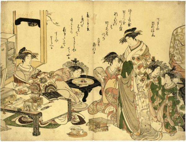 A Sheet From The Album ````yoshiwara Keisei Shin Bijin Awase Jihitsu Kagami' (a Comparison Of New Beauties With Samples Of Their Calligraphy) Oil Painting by Kitao Masanobu